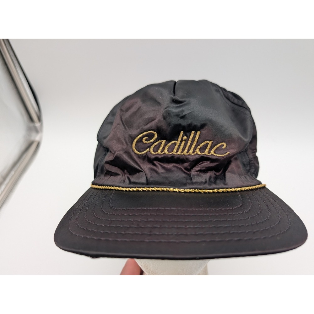 Vintage Cadillac Hat Black Gold Script Embroidered Snapback Made in USA Rope Cap